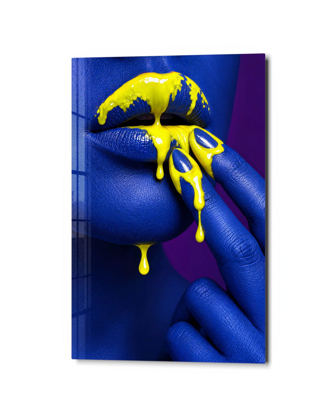 Blue Mouth, Golden Drips glass wall art, studio view