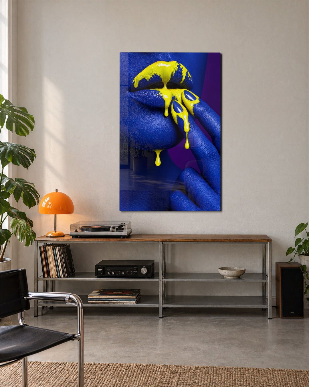 Blue Mouth, Golden Drips glass wall art, lifestyle view