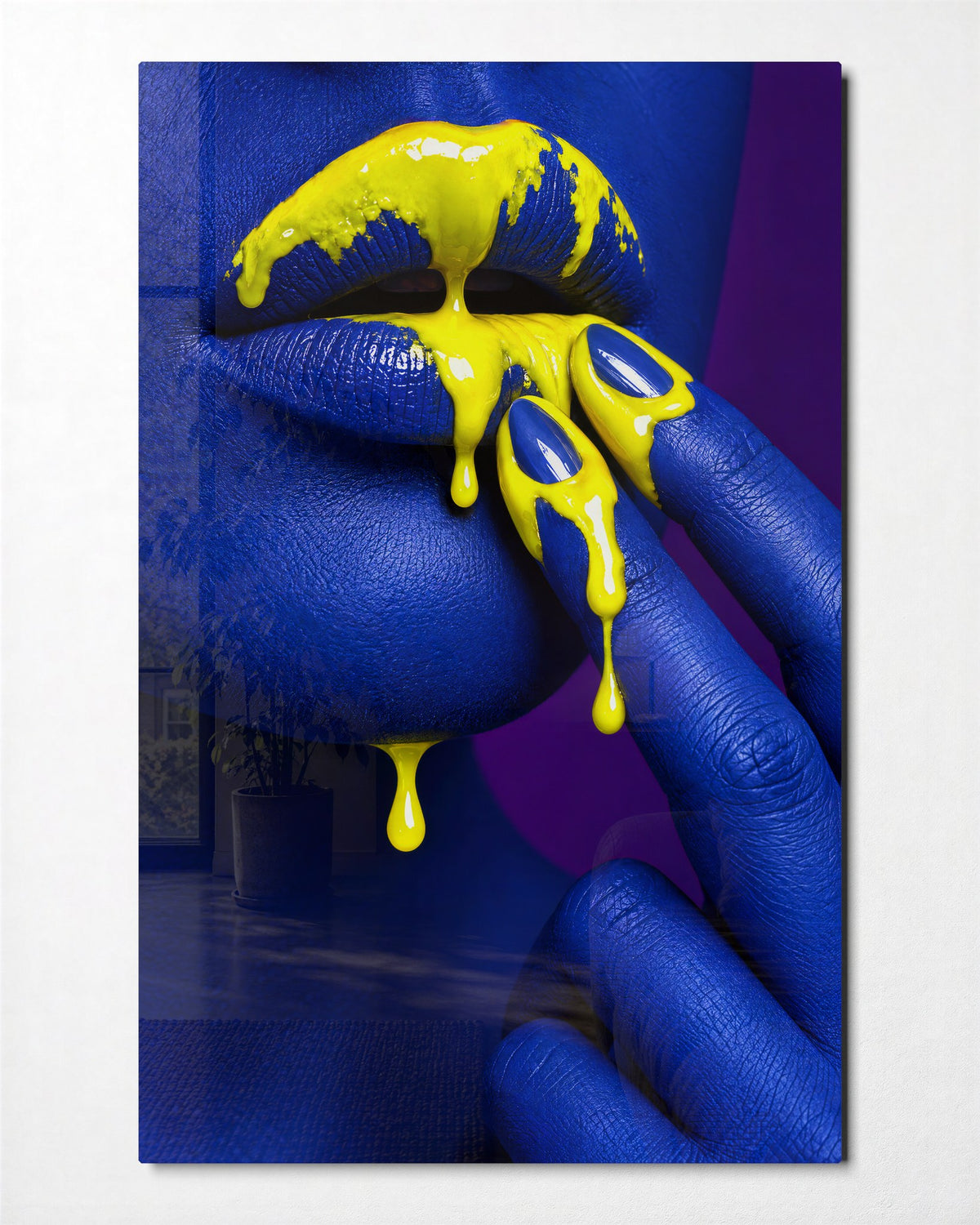 Blue Mouth, Golden Drips glass wall art, front view