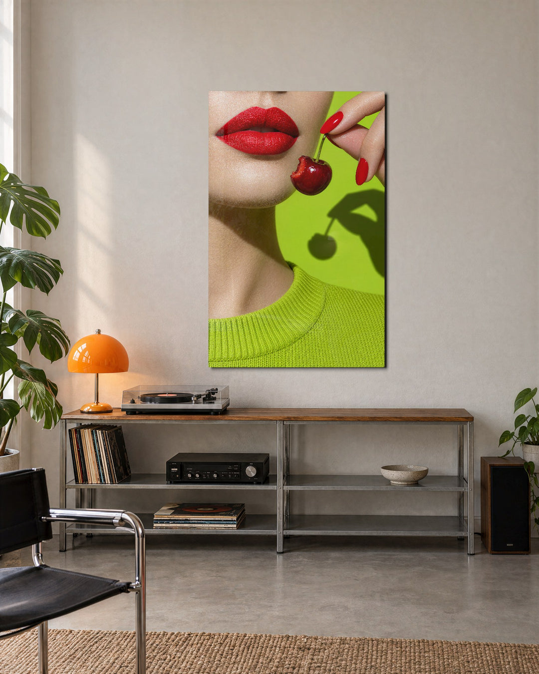 Bitten Red Fruit glass wall art, lifestyle view