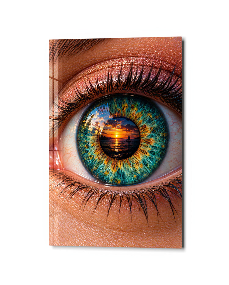 The Eye Has a Horizon glass wall art, studio view