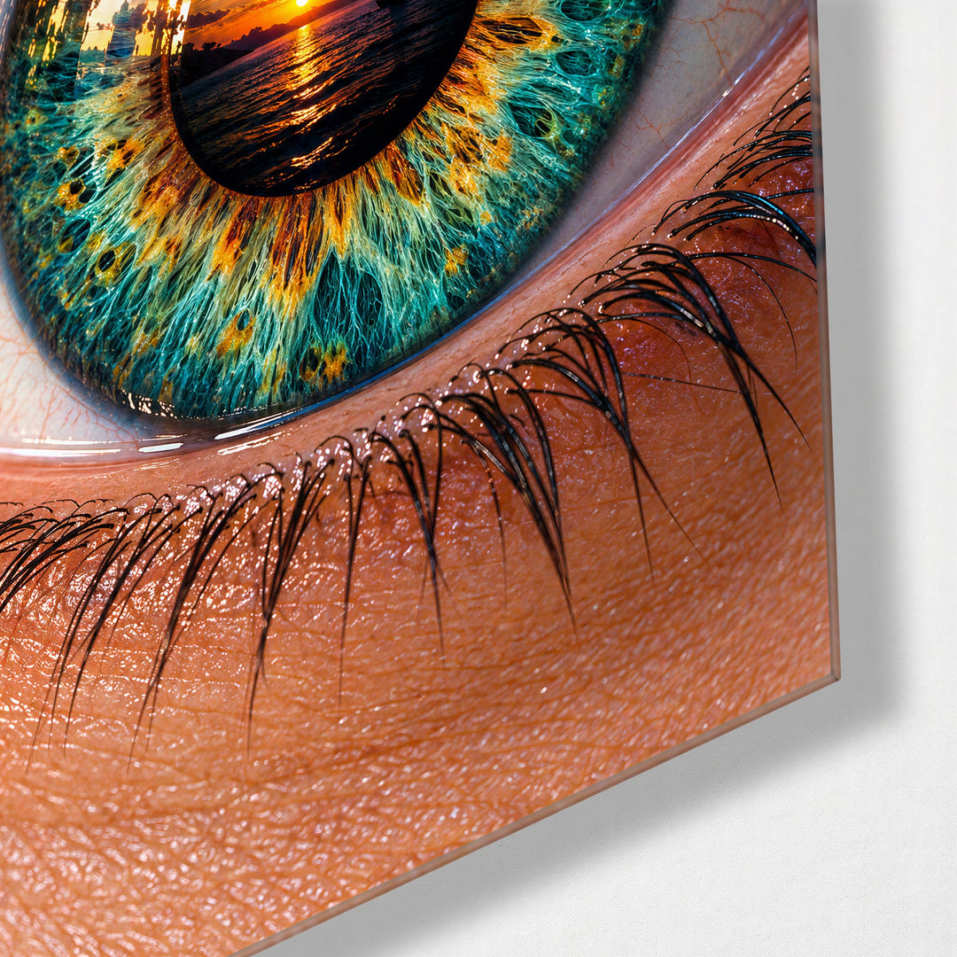 The Eye Has a Horizon glass wall art, corner view