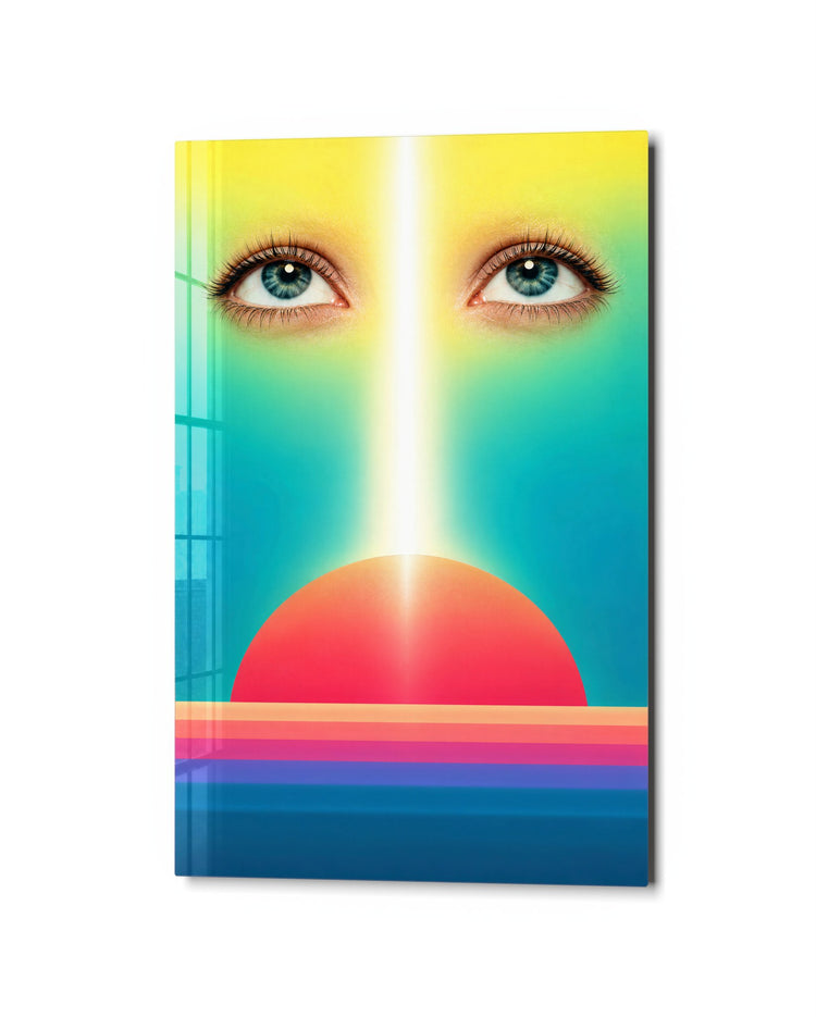 Gaze at the Pink Sun glass wall art, studio view