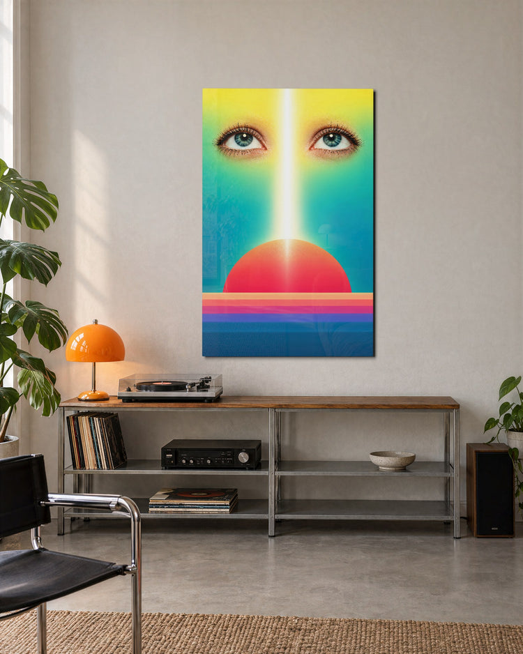 Gaze at the Pink Sun glass wall art, lifestyle view