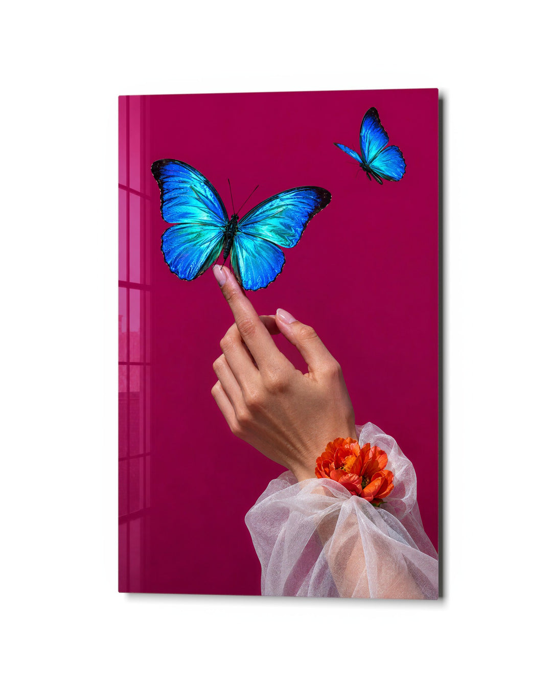 Blue Wings on One Finger glass wall art, studio view