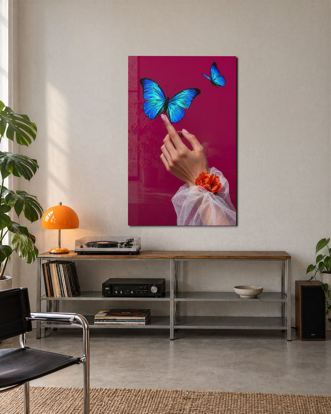 Blue Wings on One Finger glass wall art, lifestyle view