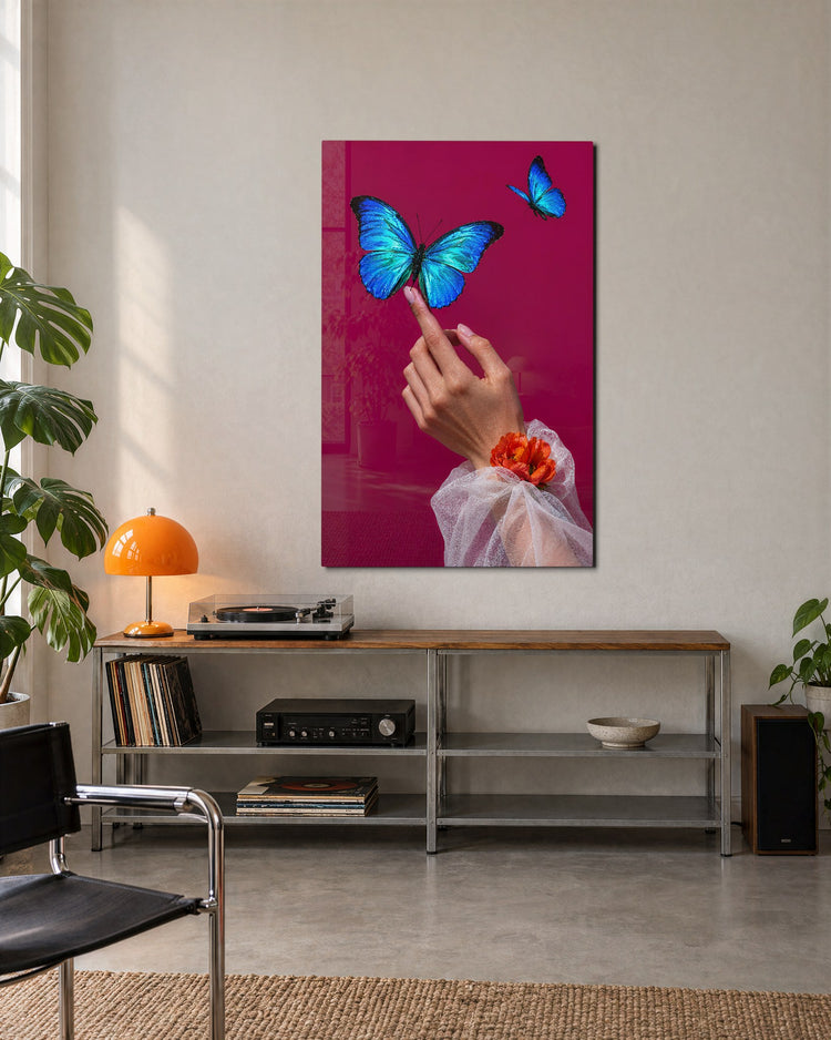 Blue Wings on One Finger glass wall art, lifestyle view