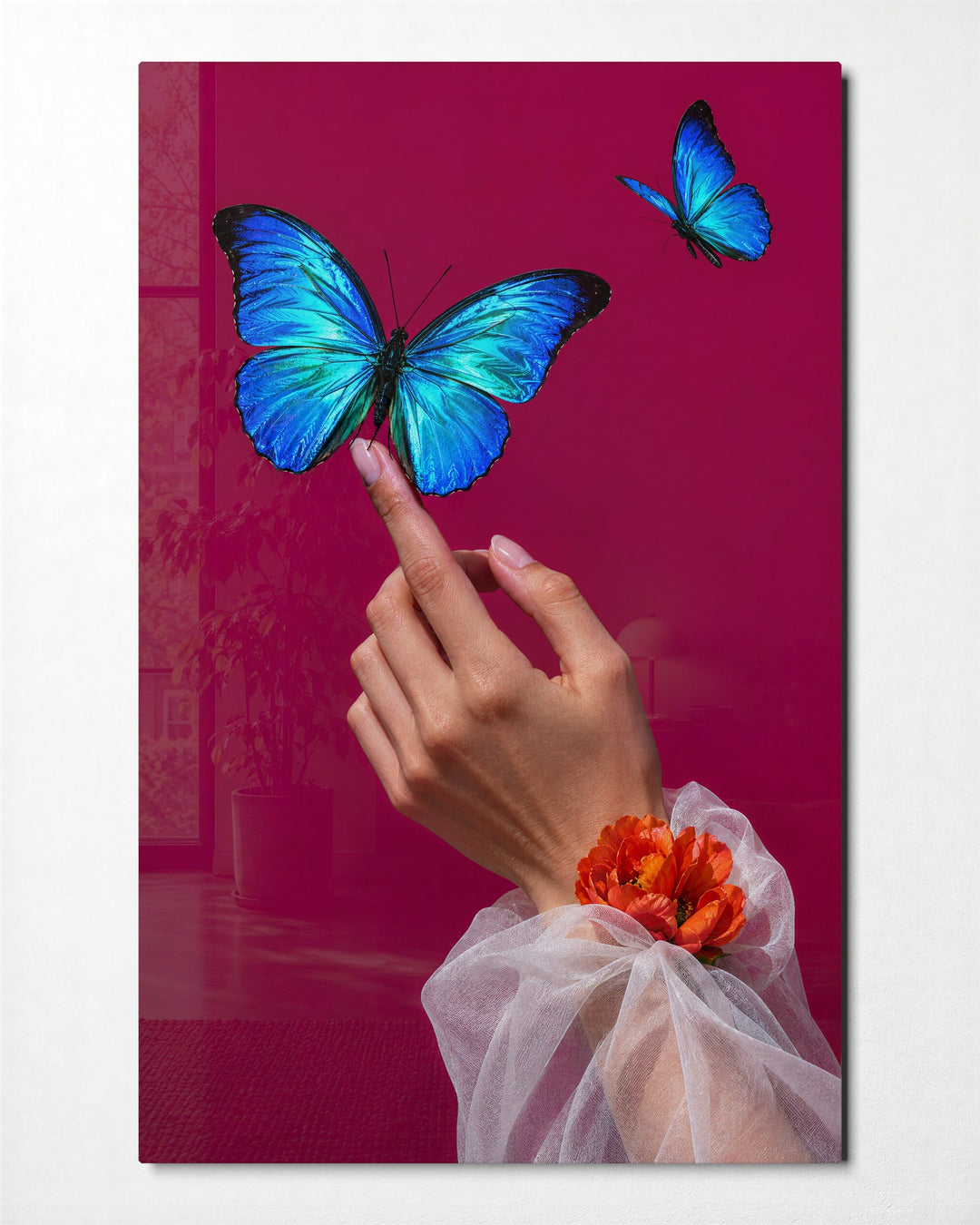 Blue Wings on One Finger glass wall art, front view