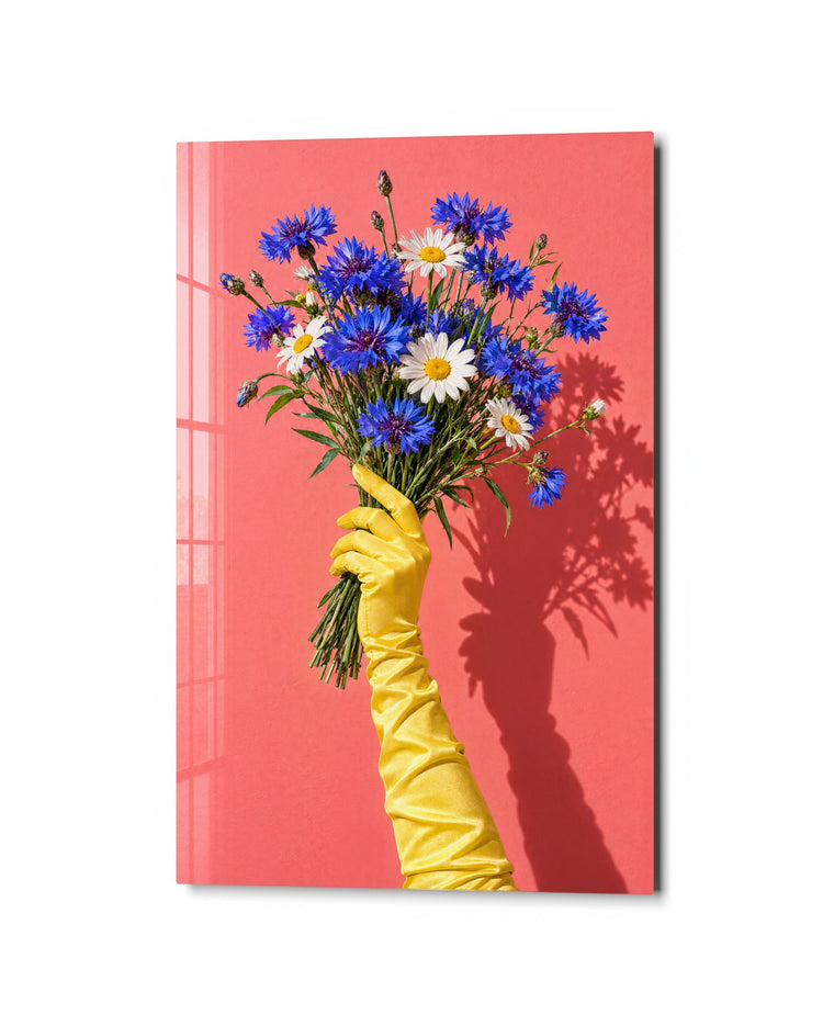Satin Sleeve, Blue Blooms glass wall art, studio view