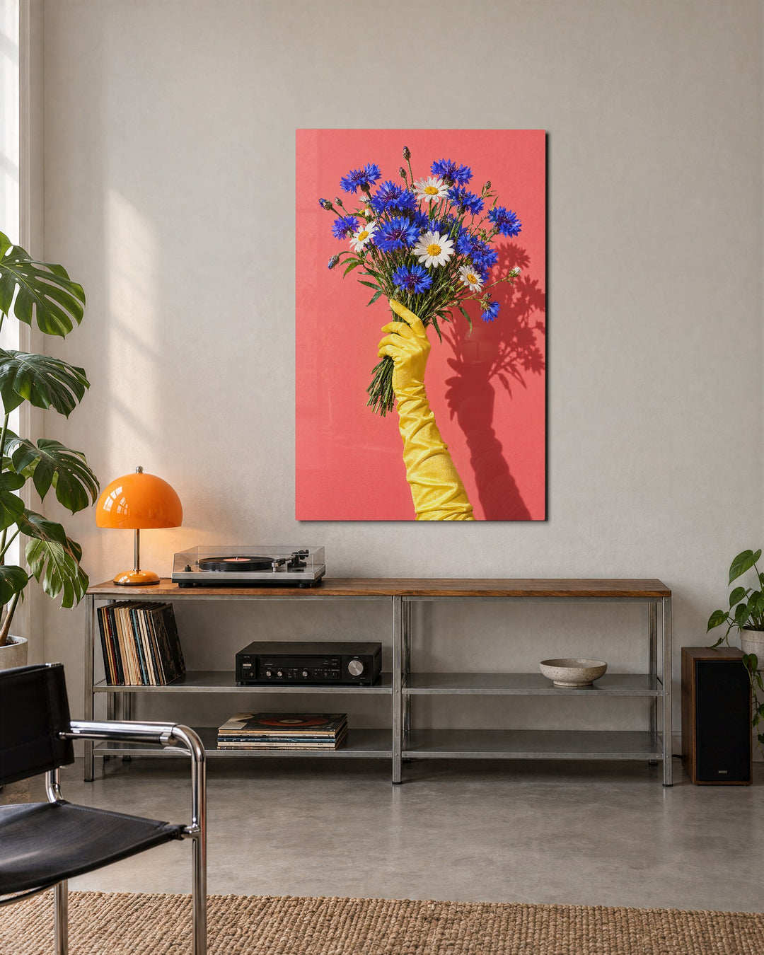 Satin Sleeve, Blue Blooms glass wall art, lifestyle view