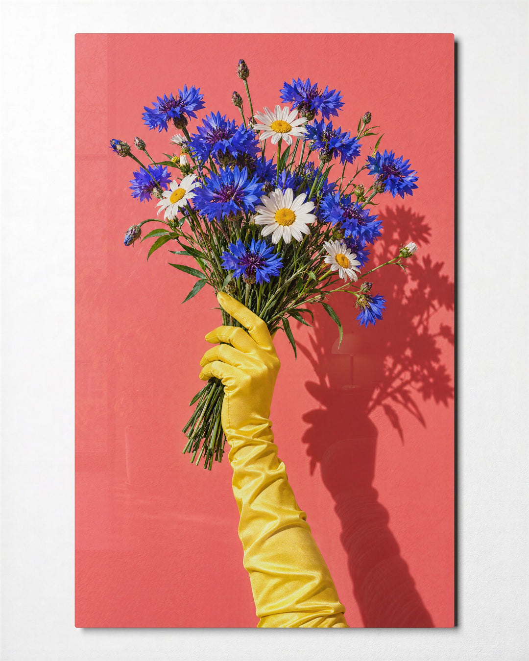 Satin Sleeve, Blue Blooms glass wall art, front view