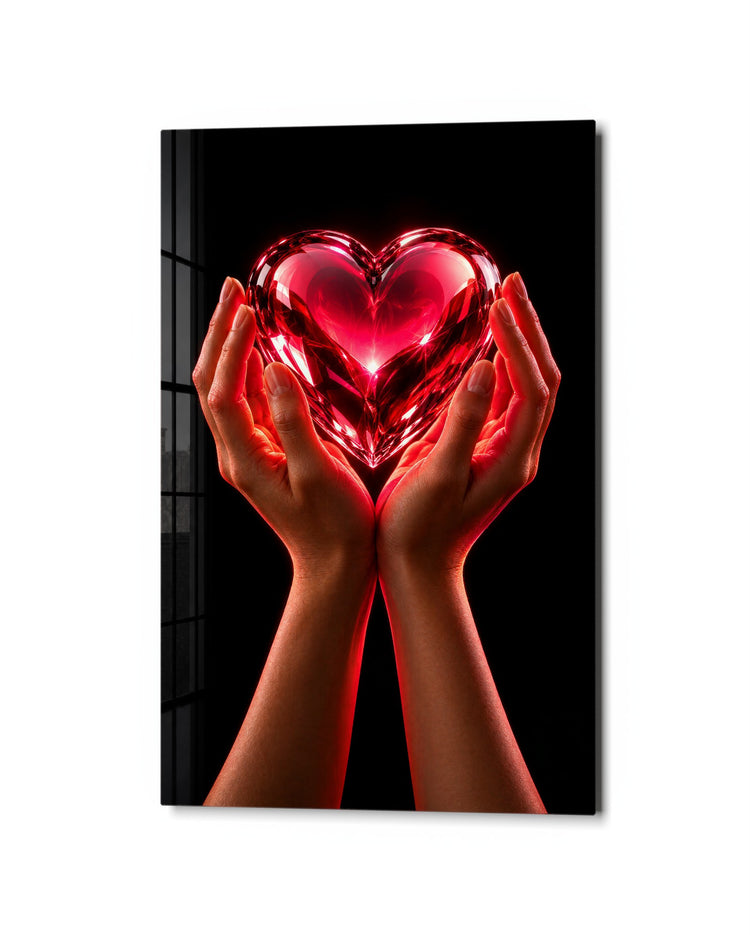 Held Gem, Red Glow glass wall art, studio view