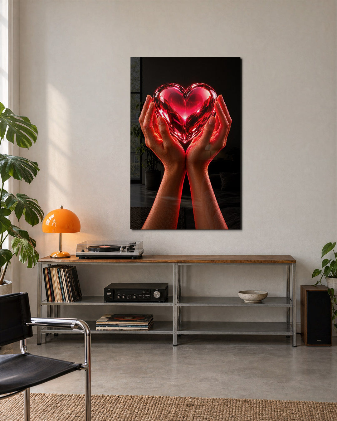 Held Gem, Red Glow glass wall art, lifestyle view