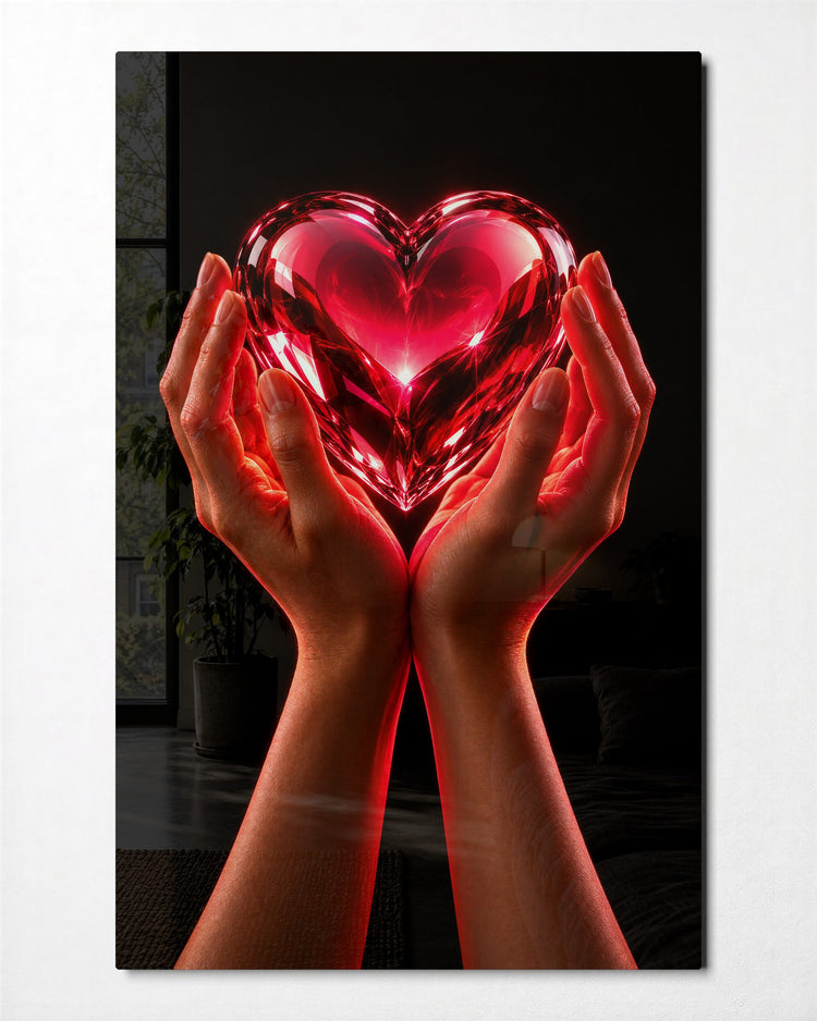 Held Gem, Red Glow glass wall art, front view