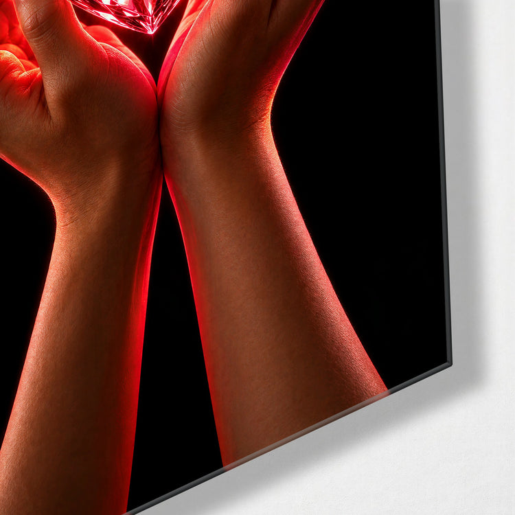 Held Gem, Red Glow glass wall art, corner view