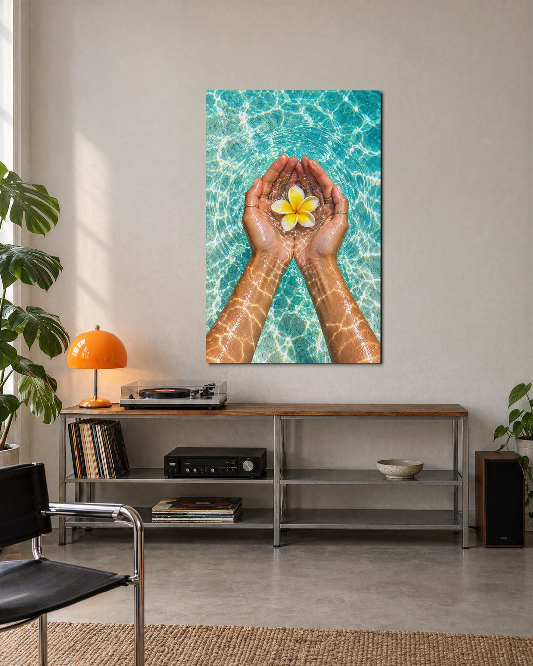 Offering of Petals glass wall art, lifestyle view