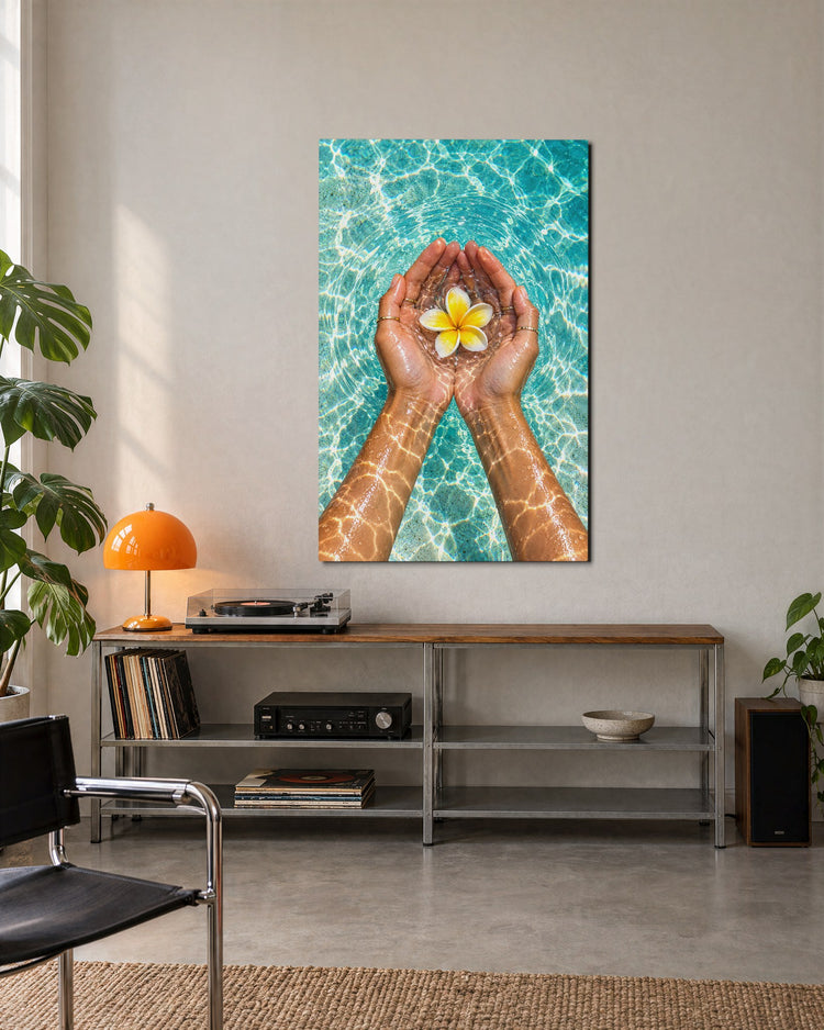 Offering of Petals glass wall art, lifestyle view