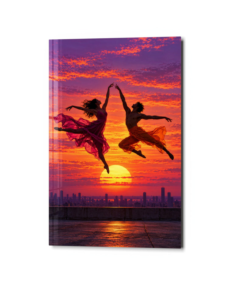 Mid-Air Pair at Dusk glass wall art, studio view