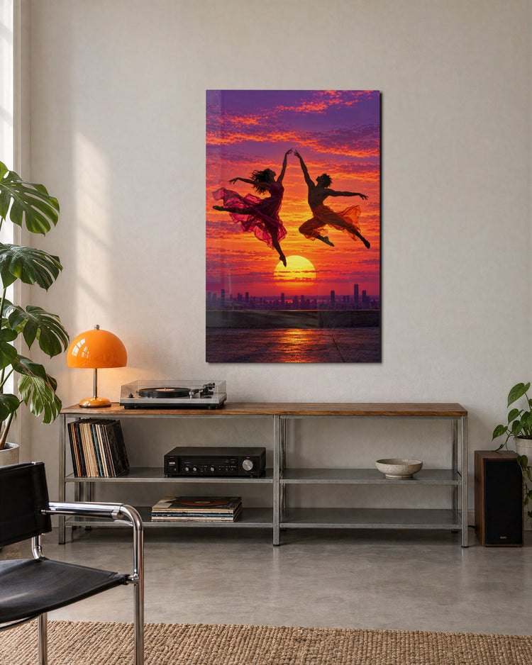 Mid-Air Pair at Dusk glass wall art, lifestyle view