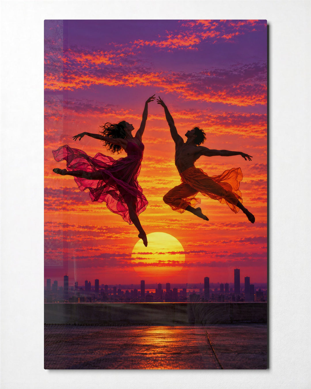 Mid-Air Pair at Dusk glass wall art, front view