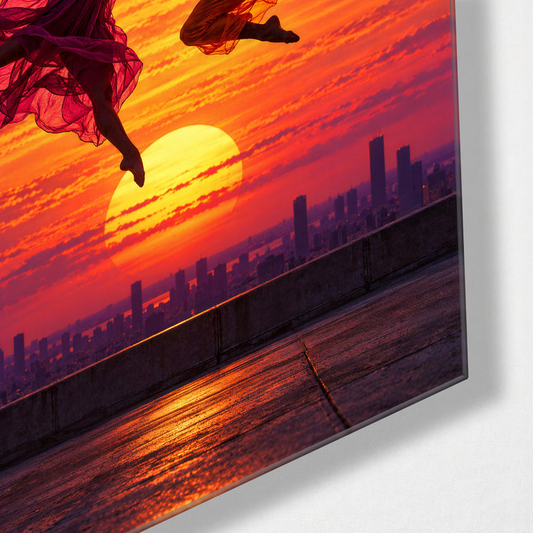 Mid-Air Pair at Dusk glass wall art, corner view
