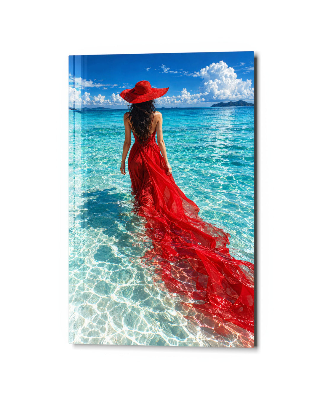 Wading in Scarlet glass wall art, studio view