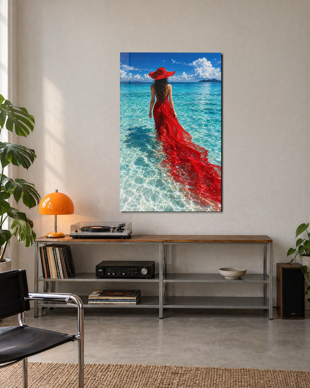Wading in Scarlet glass wall art, lifestyle view