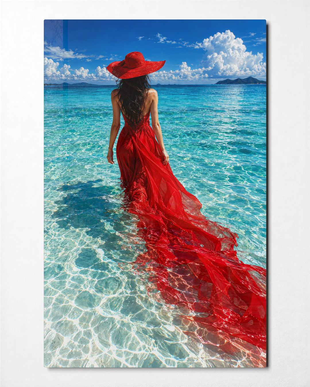 Wading in Scarlet glass wall art, front view