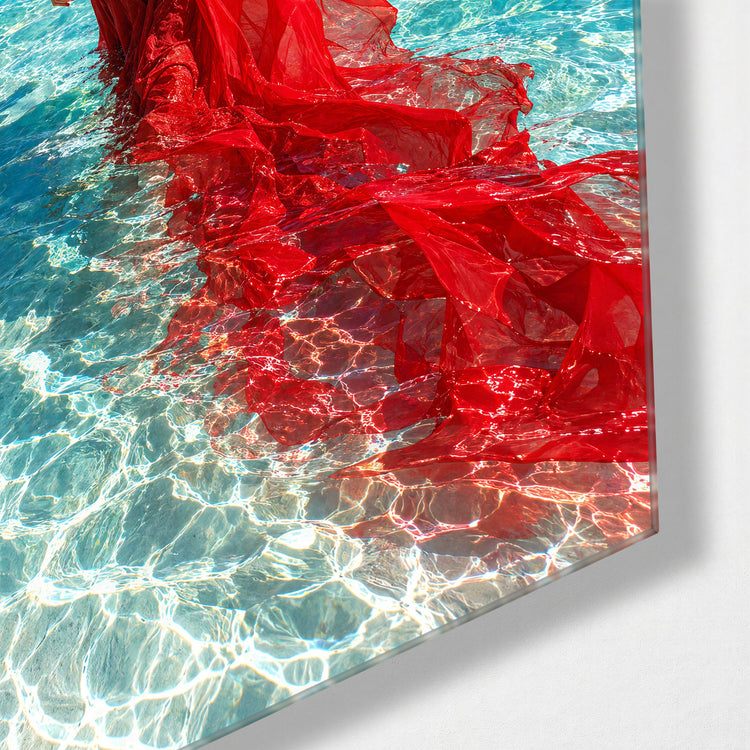 Wading in Scarlet glass wall art, corner view