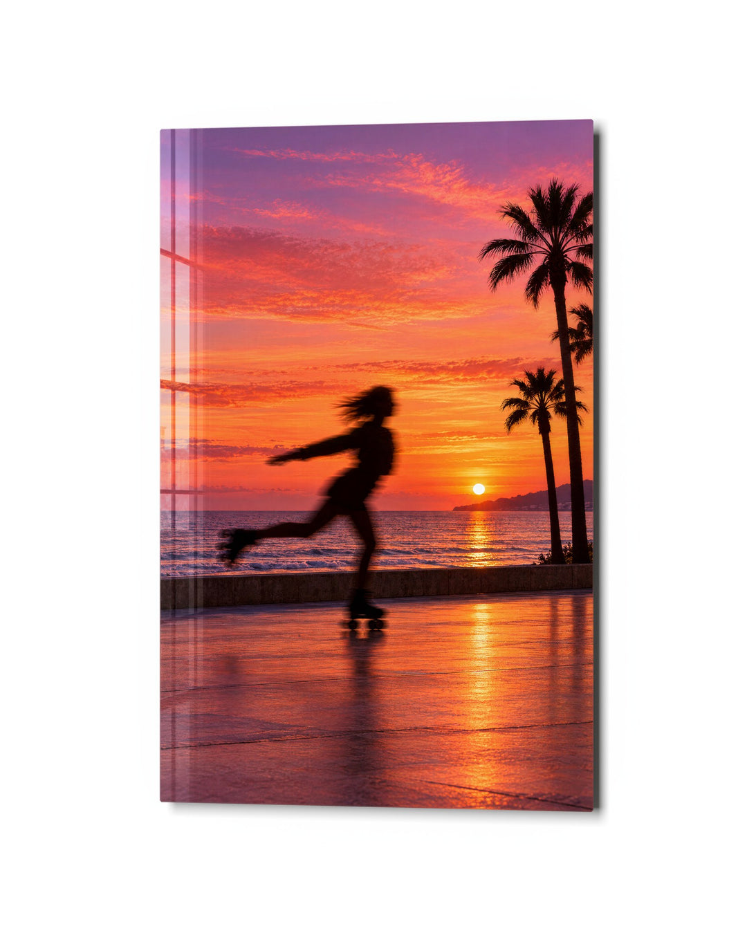 Last Lap by the Sea glass wall art, studio view