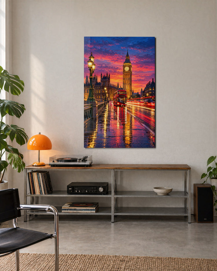 Double-Decker in the Wet glass wall art, lifestyle view