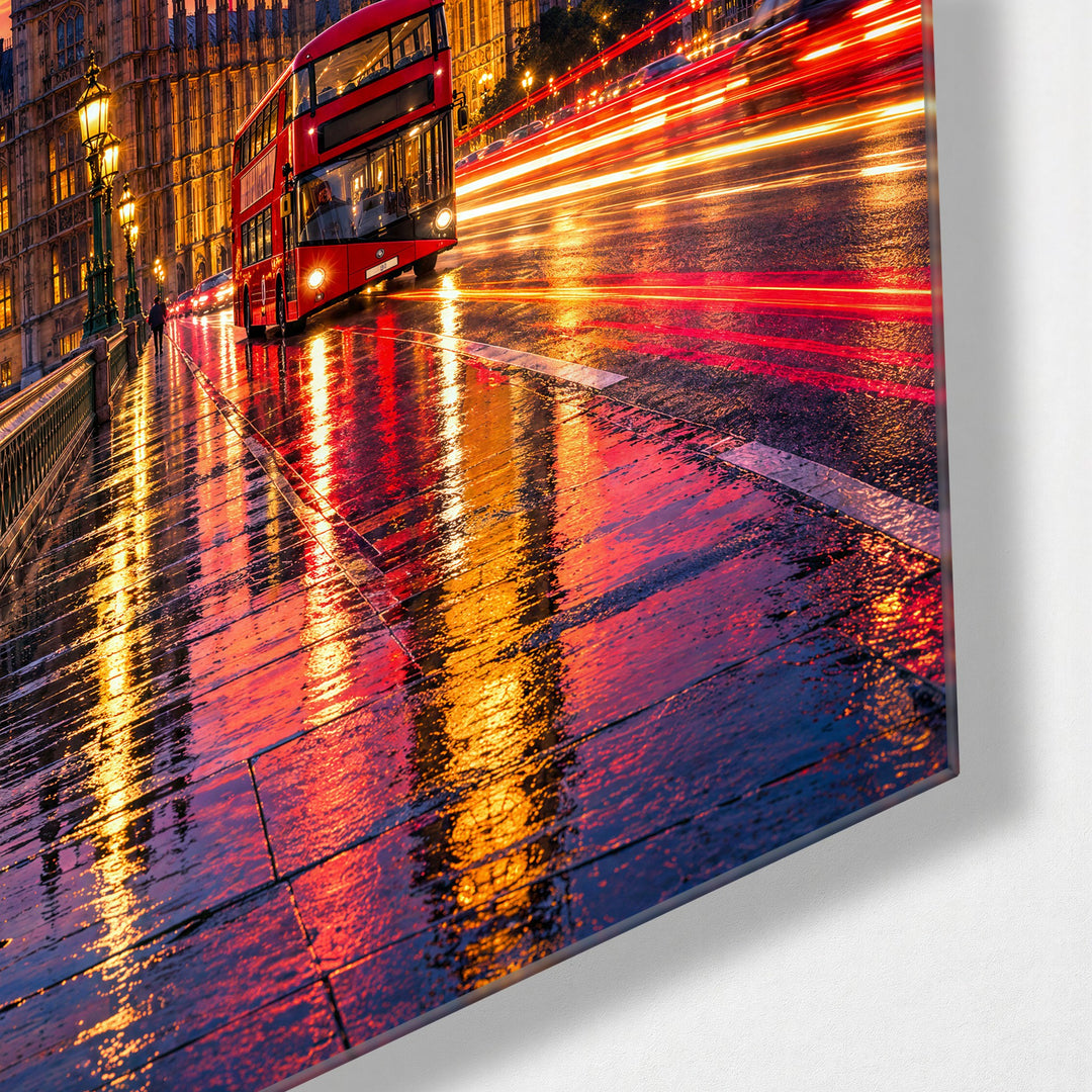 Double-Decker in the Wet glass wall art, corner view