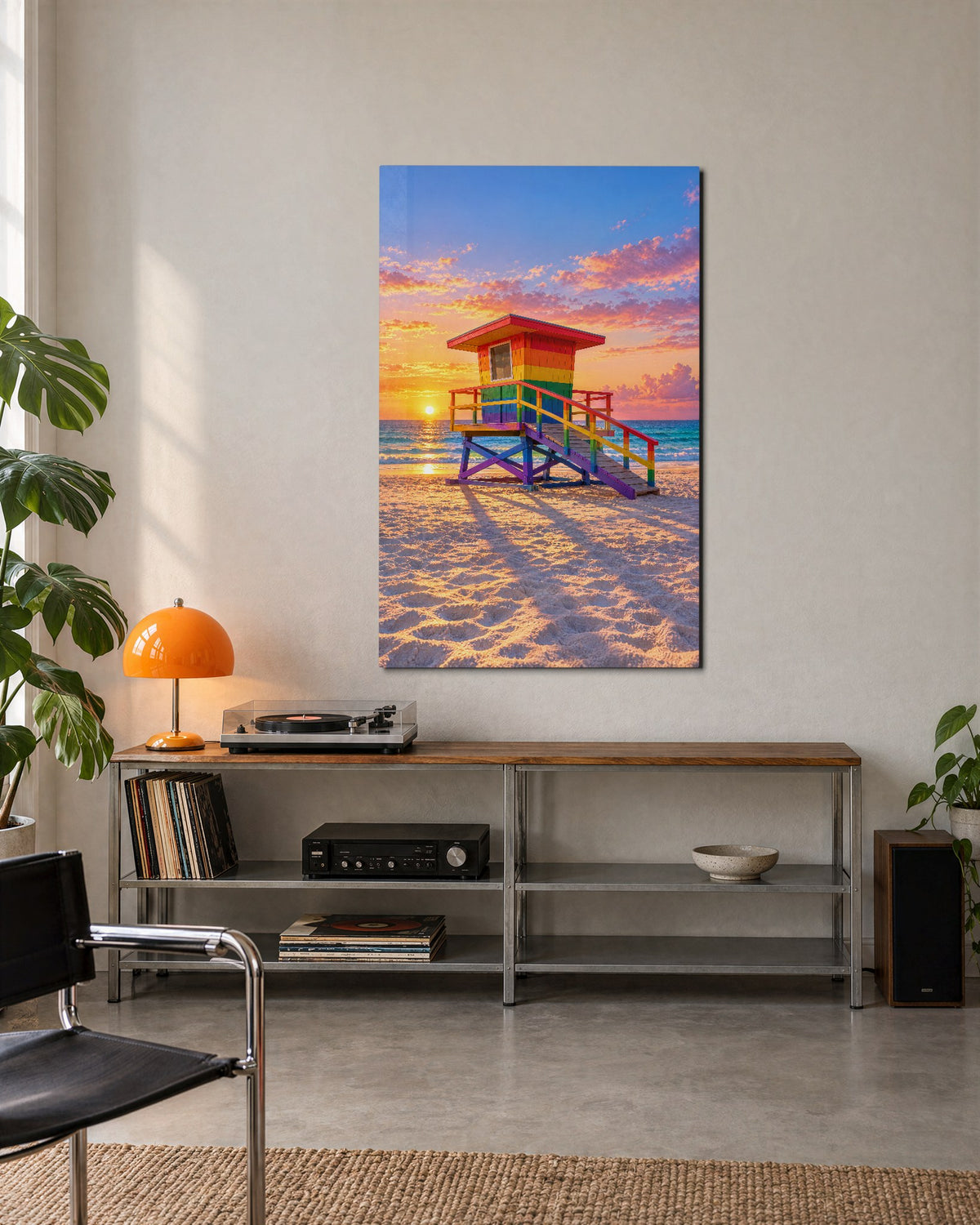 Striped Lookout, Last Light glass wall art, lifestyle view