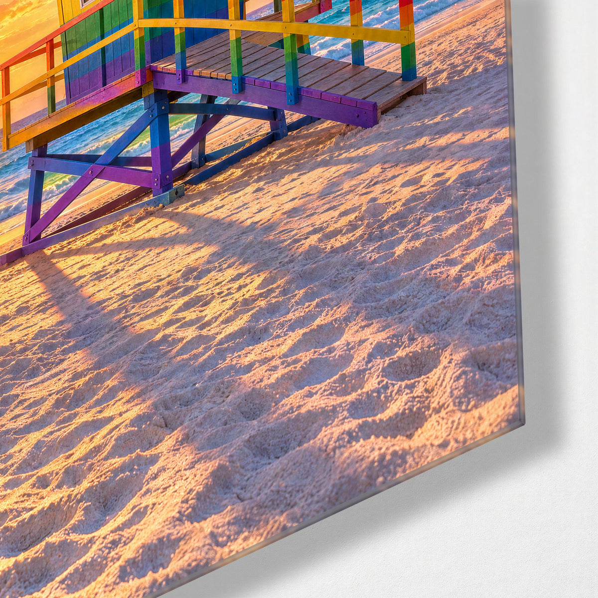 Striped Lookout, Last Light glass wall art, corner view