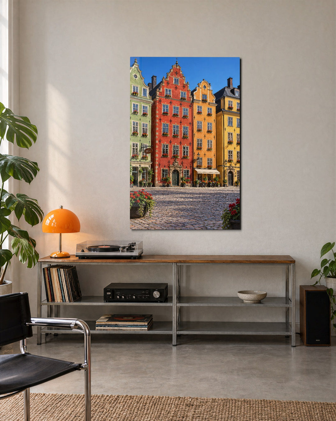 Red Flowers, Painted Gables glass wall art, lifestyle view