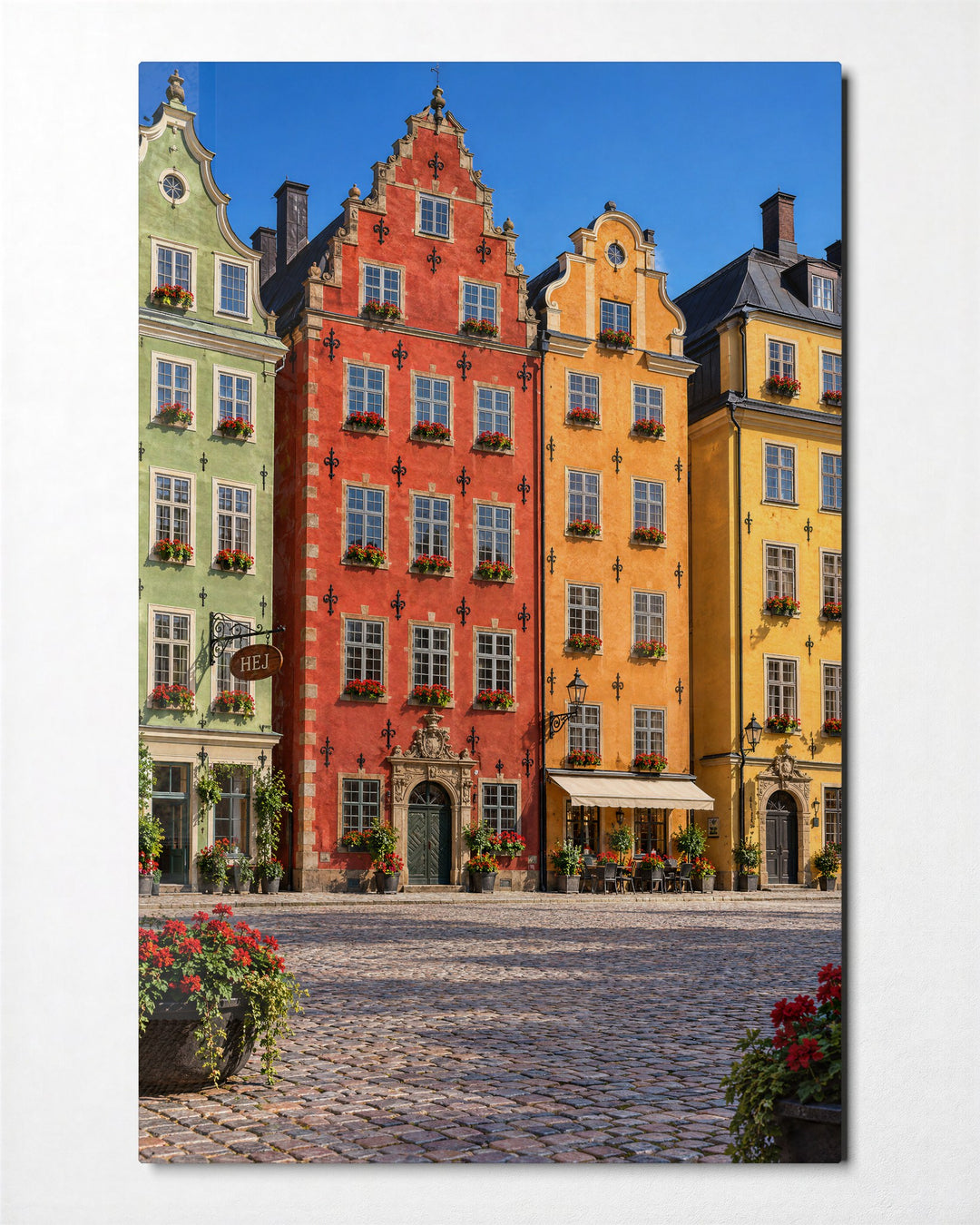 Red Flowers, Painted Gables glass wall art, front view