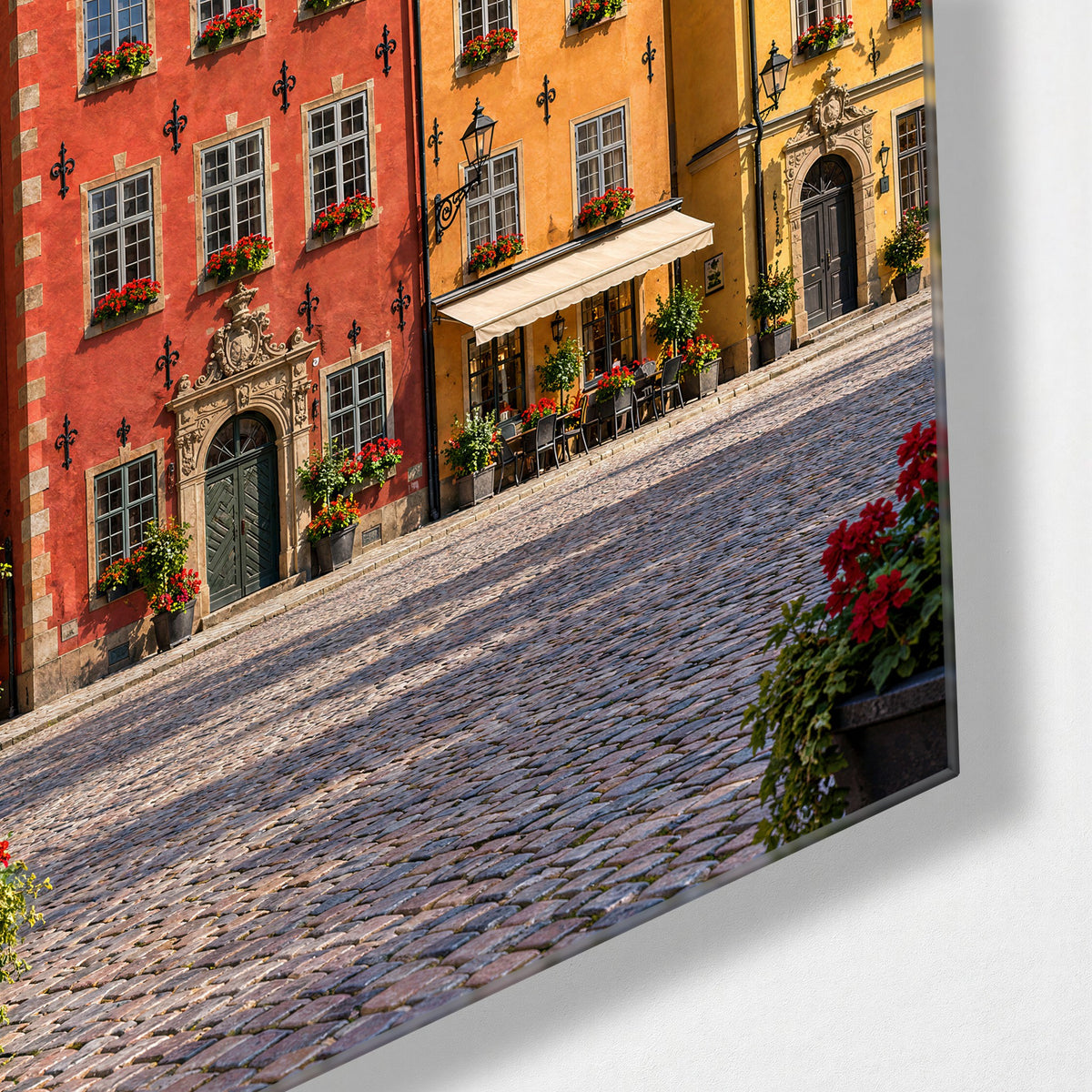 Red Flowers, Painted Gables glass wall art, corner view