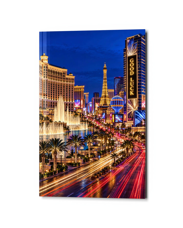 Desert Evening, Fully Lit glass wall art, studio view