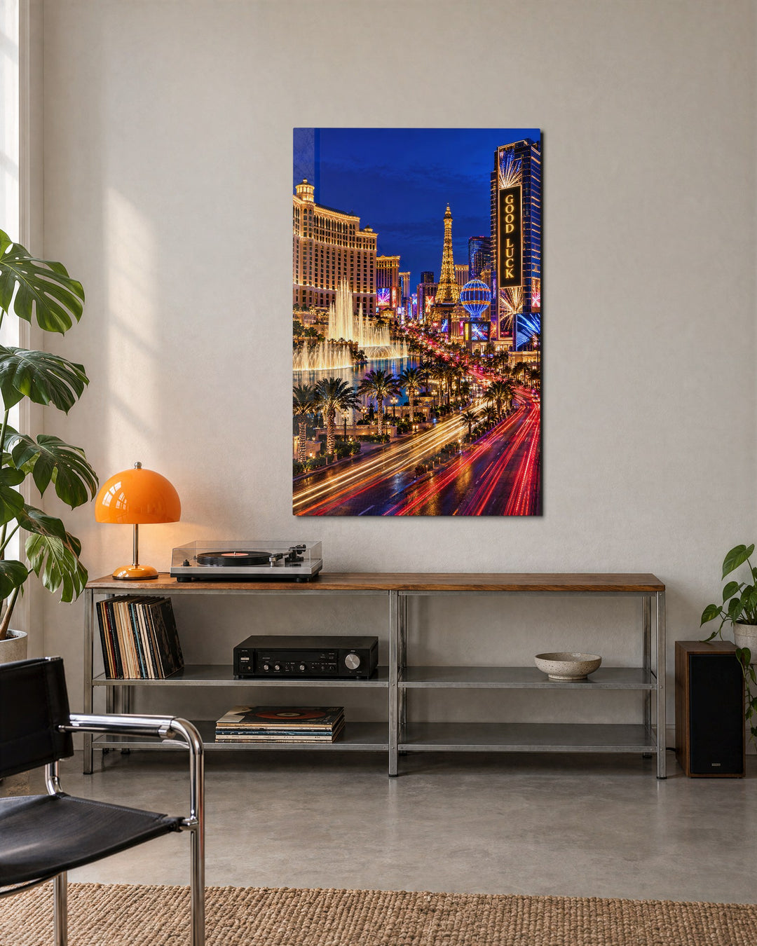 Desert Evening, Fully Lit glass wall art, lifestyle view