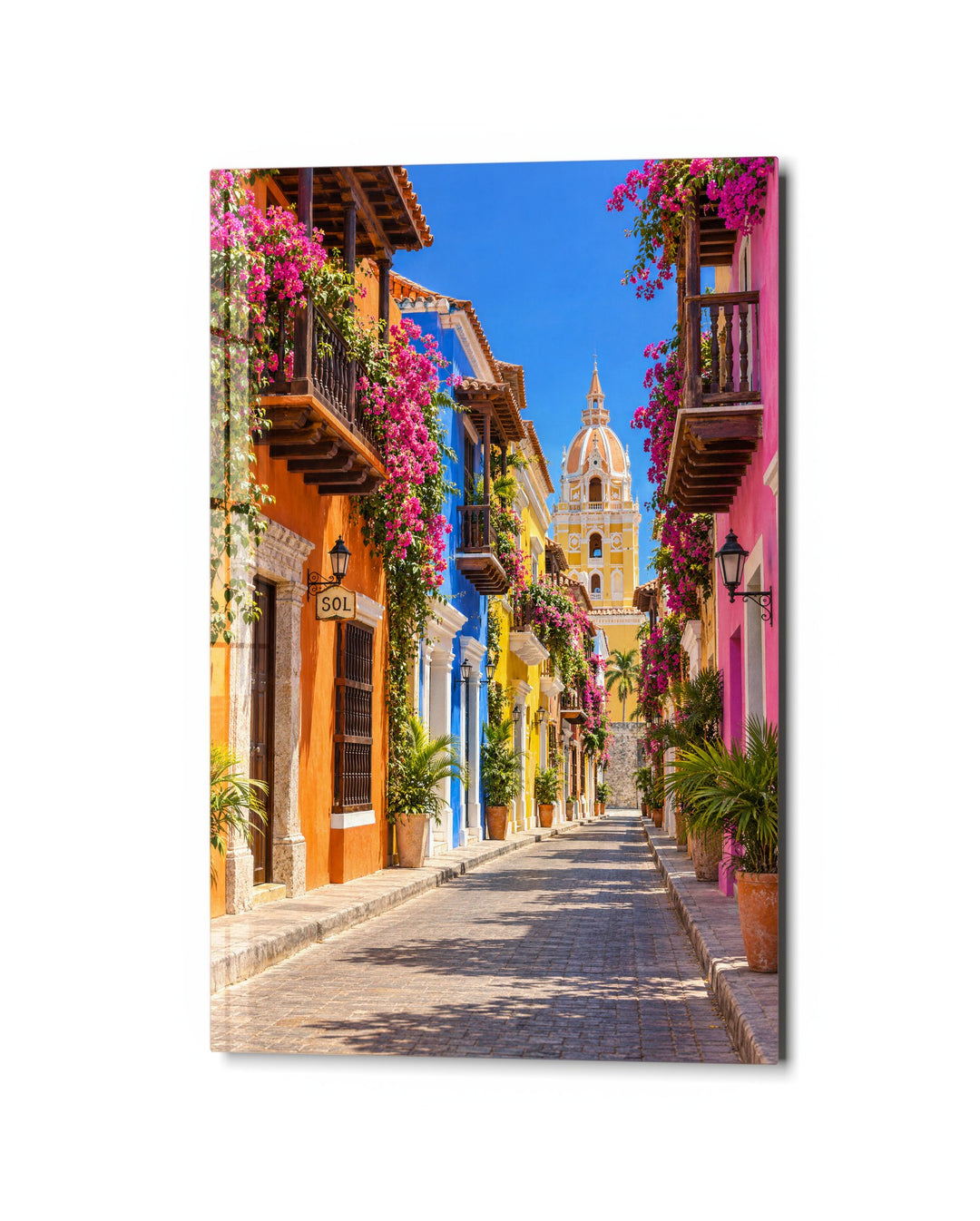 Pink Blooms Over Narrow Streets glass wall art, studio view