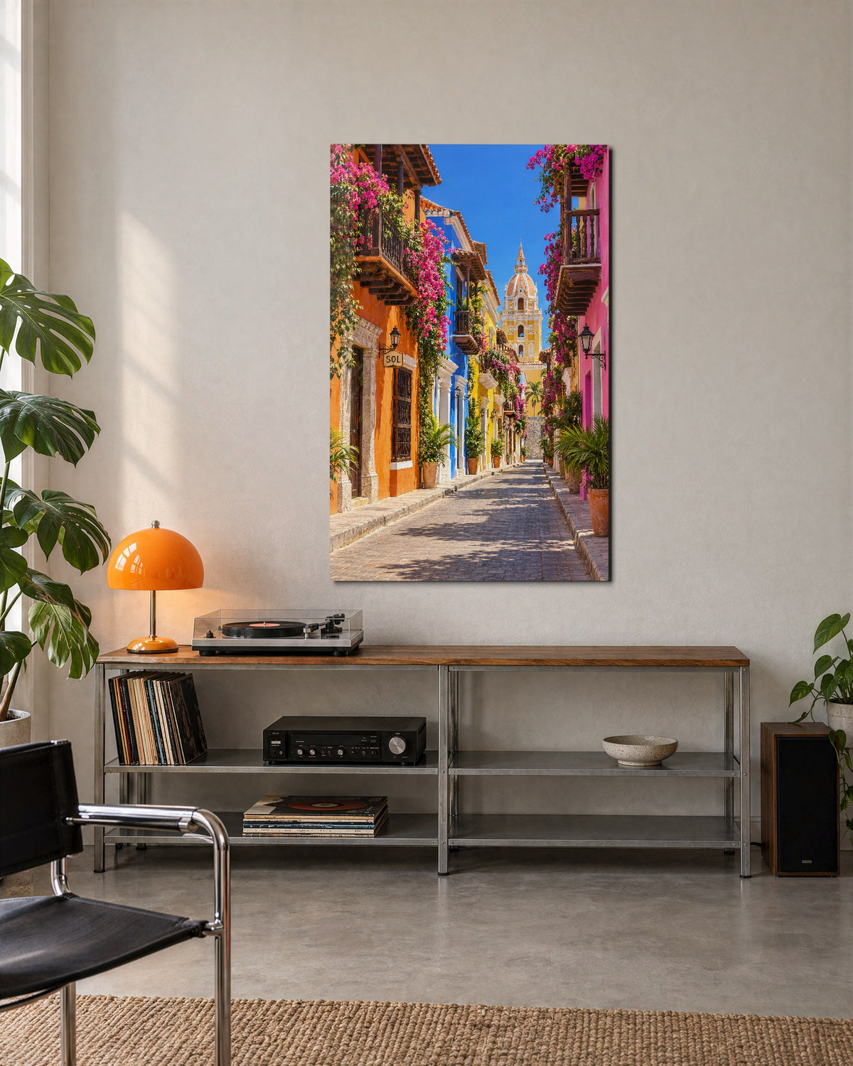 Pink Blooms Over Narrow Streets glass wall art, lifestyle view