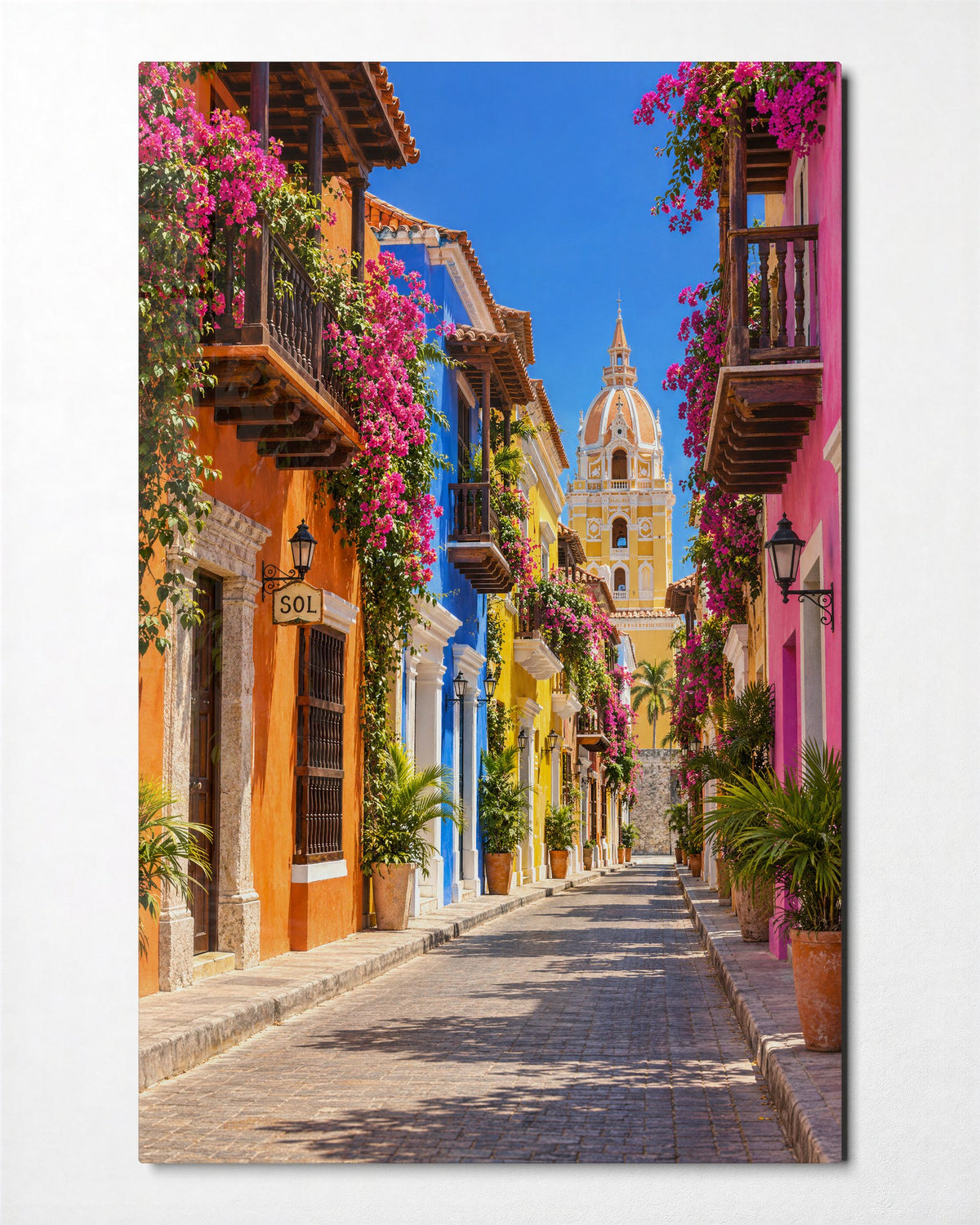 Pink Blooms Over Narrow Streets glass wall art, front view
