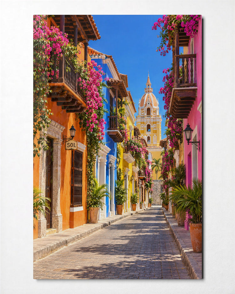 Pink Blooms Over Narrow Streets glass wall art, front view