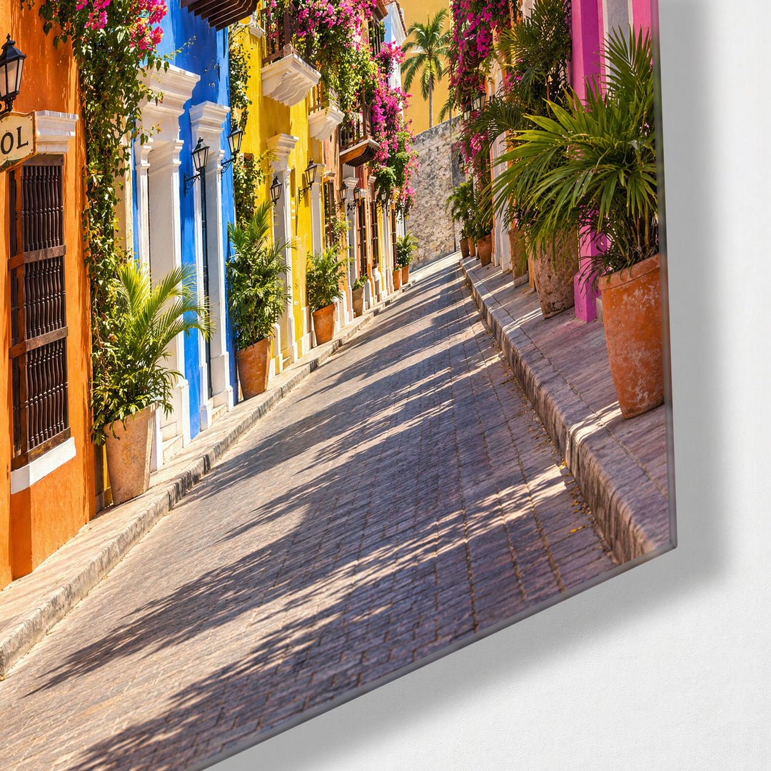 Pink Blooms Over Narrow Streets glass wall art, corner view