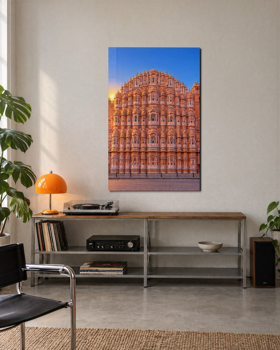 Rose-Pink Facade at Dawn glass wall art, lifestyle view