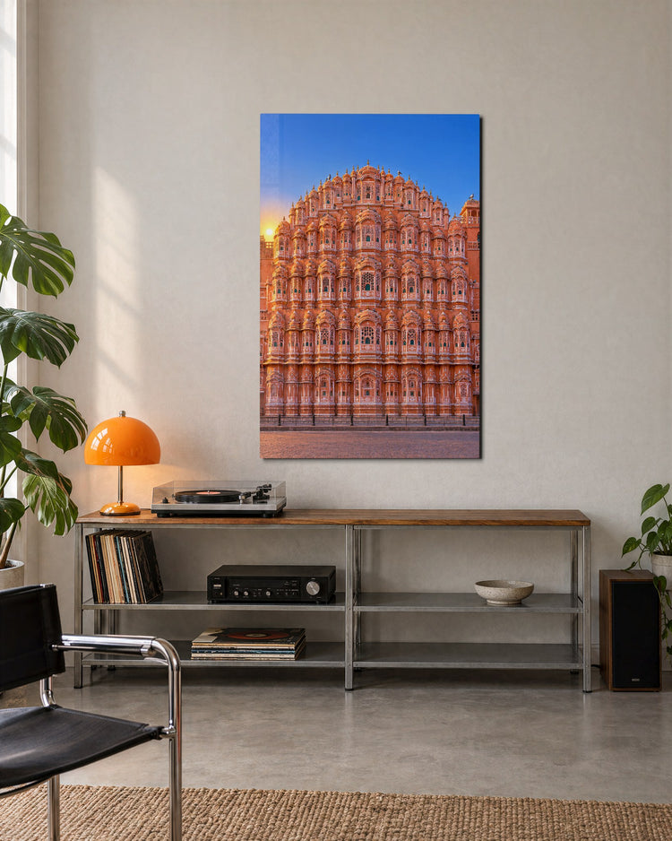 Rose-Pink Facade at Dawn glass wall art, lifestyle view
