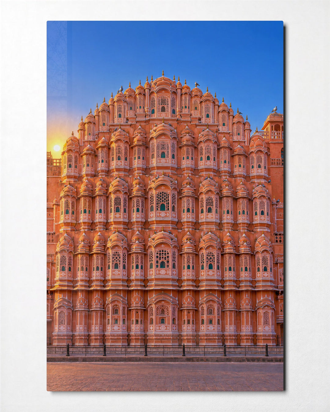 Rose-Pink Facade at Dawn glass wall art, front view