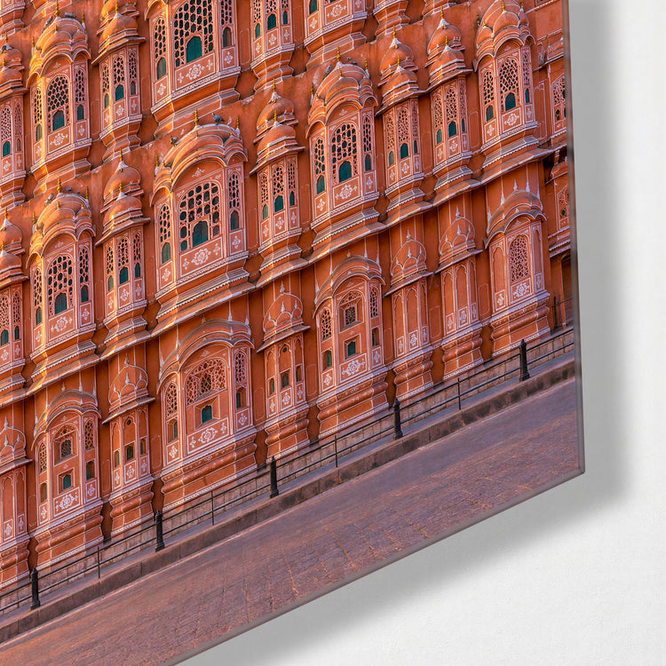 Rose-Pink Facade at Dawn glass wall art, corner view