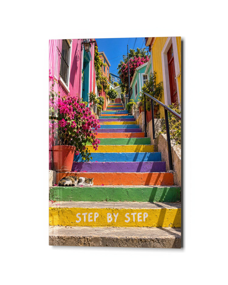 Rainbow Staircase, Sleeping Cat glass wall art, studio view