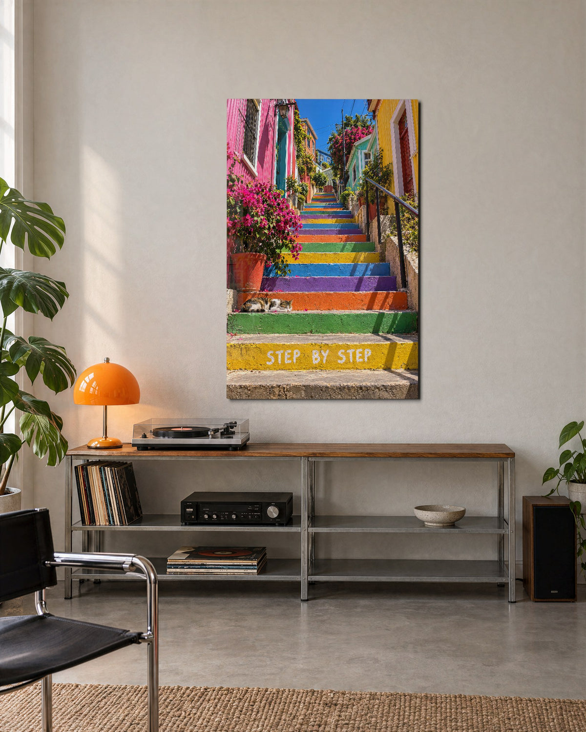 Rainbow Staircase, Sleeping Cat glass wall art, lifestyle view